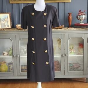 Vtg 90s Minimalist Ronnie Heller Black Double Breasted Coatdress Preppy Sz 12